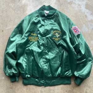 Green Satin Bomber Jacket with Embroidered Patches